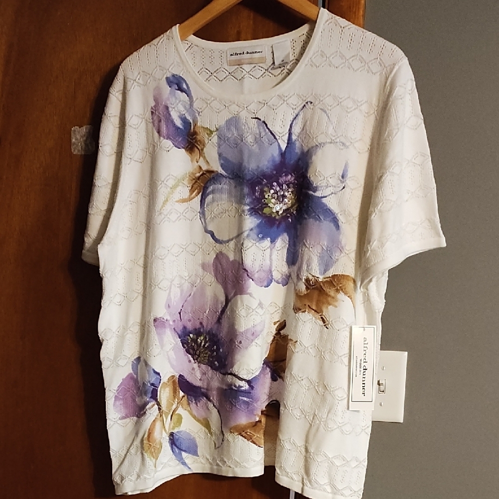 Alfred Dunner White Blouse with Purple Floral Design